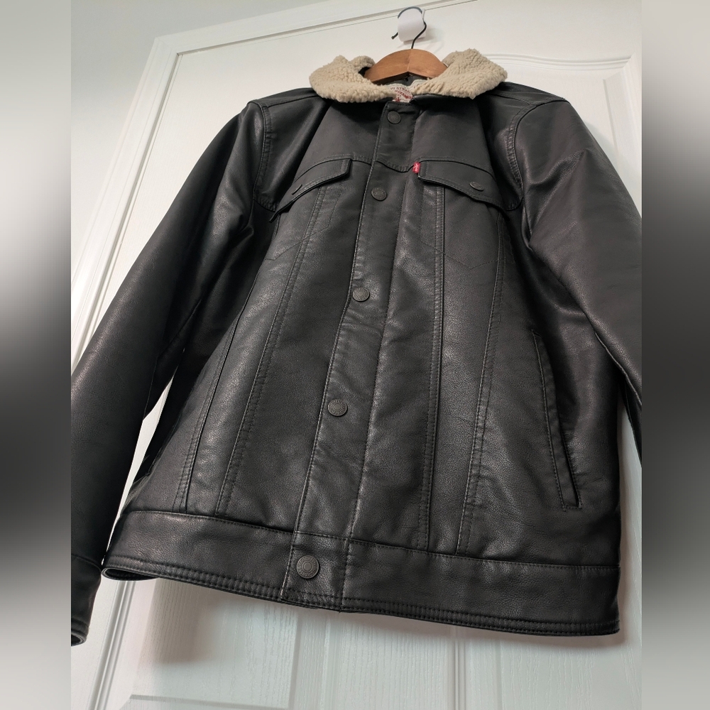 Levi Black Faux Leather Jacket with Cream Sherpa Collar - Picture 2 of 10
